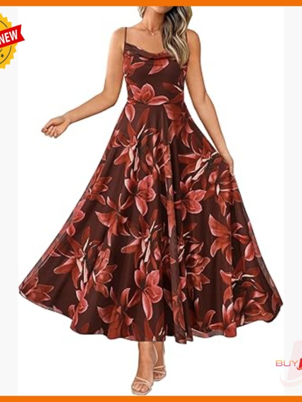 Floral Maxi Dress Spaghetti Strap Cowl Neck Mesh Formal Party